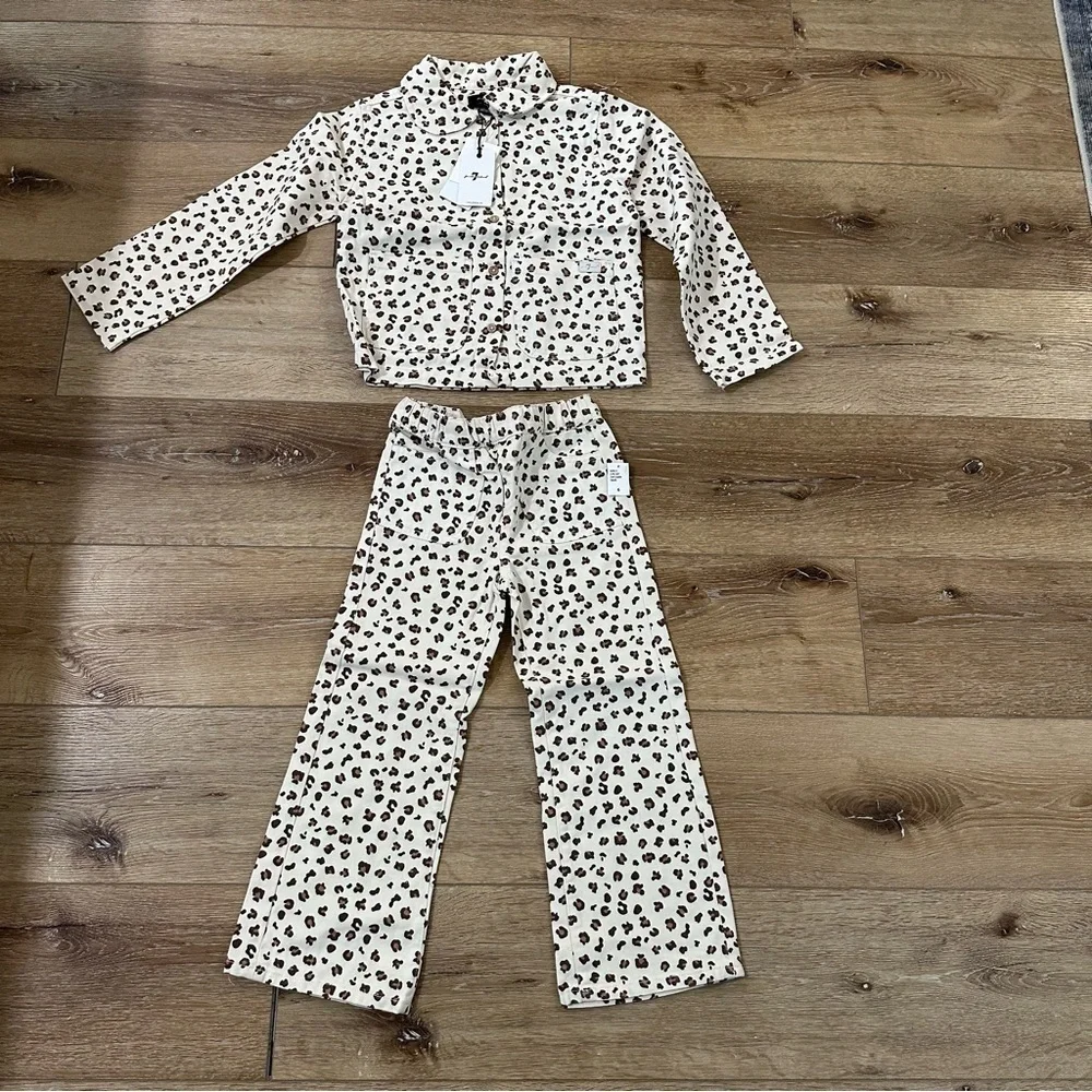 7 For All Mankind Kids Taupe Cheetah Denim 2 Piece Long Sleeve/Pant Set Sz 6 NWT